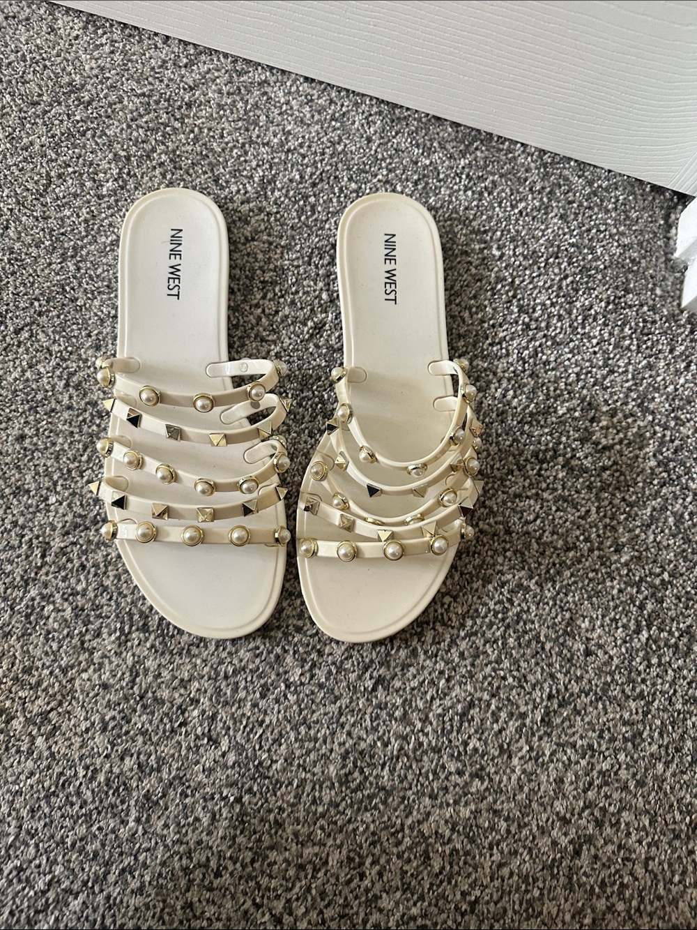 Nine West Cream Slide Sandals with Gold Stud Accents